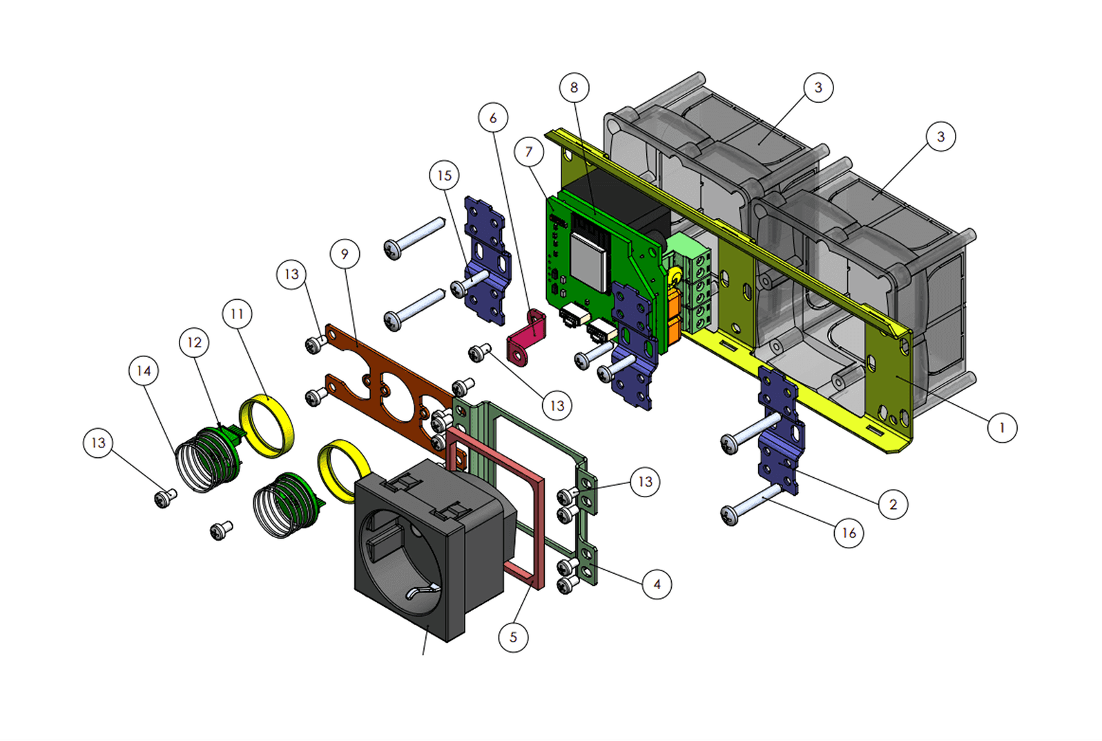 Exploded view of the Matter smart lighting controller and its components
